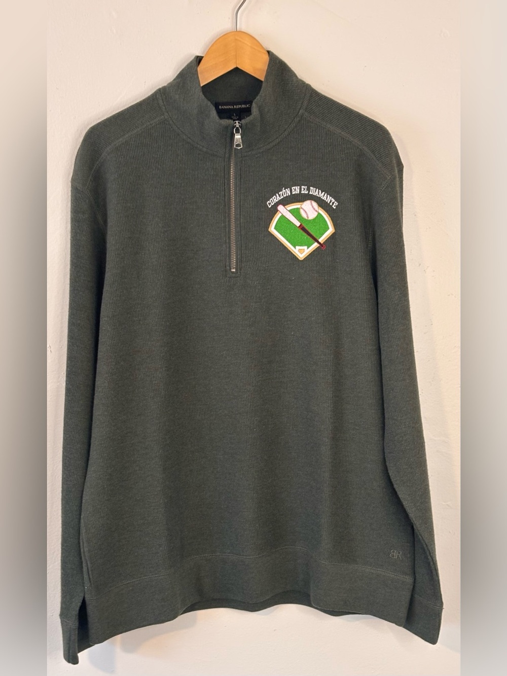 🌸NWT Banana Republic Men's Large Green Quarter-Zip Pullover Baseball Patch